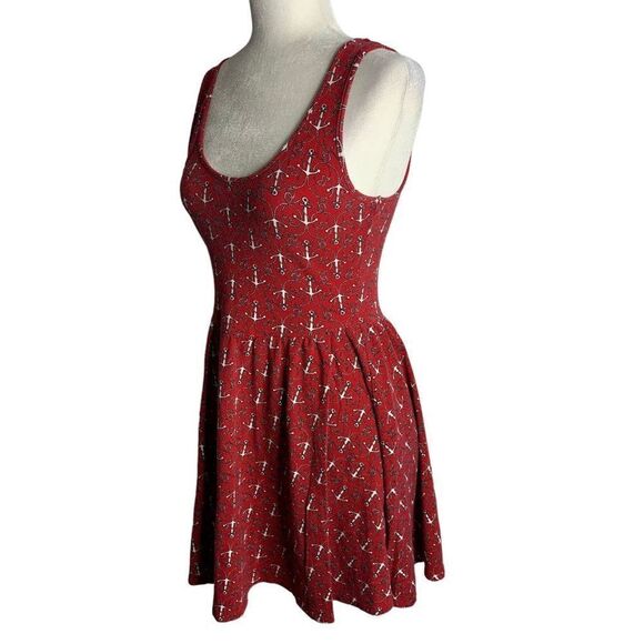 Hot Topic Nautical Skater Dress M Red Anchor Sleeveless Back Cutout Stretch Knit - Picture 3 of 7